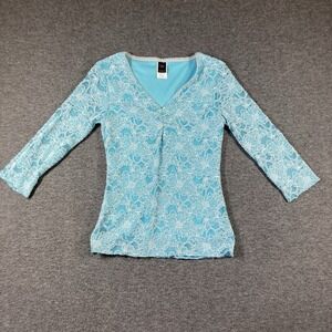 Vintage Y2K Wrapper Womens Lace 3/4 Sleeve Blouse Deep V- Neck Size L Large Blue